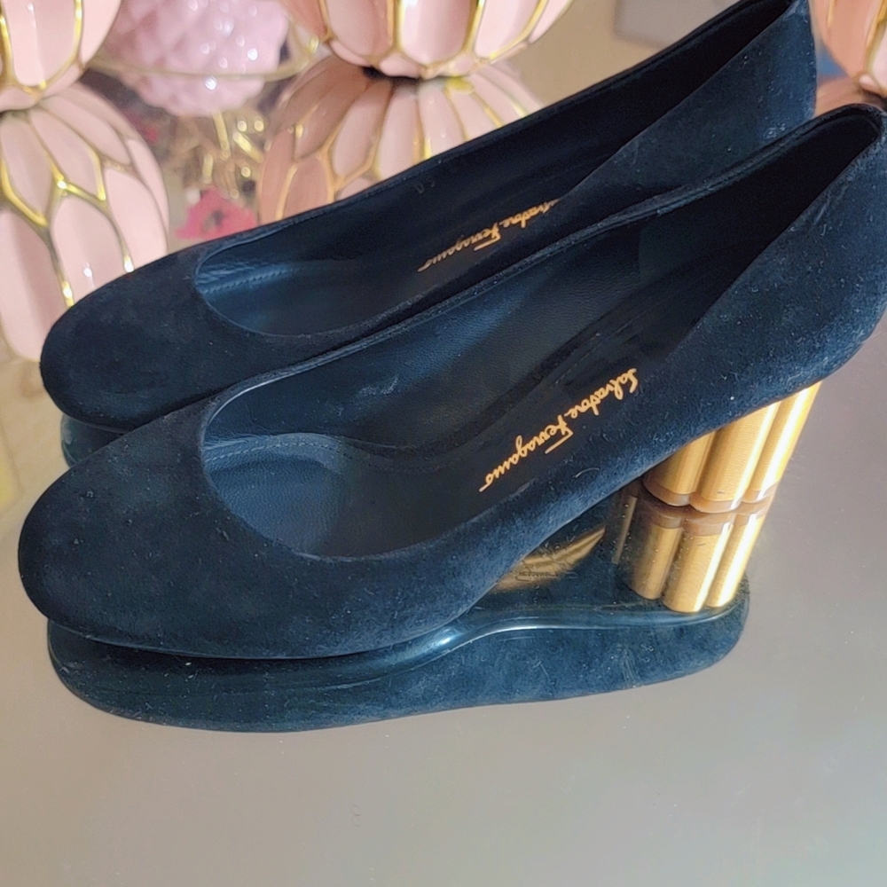 Salvatore Ferragamo black Suede Wedge Shoes With Gold Accent Worn Twice.